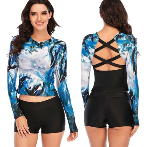 Long Sleeves Rash Guard Women Swimwear Two Pieces Surfing Suit Print Tankini Bandage Halter Diving Clothes Padded Bathing Suit