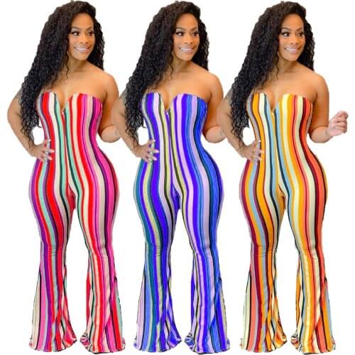 Echoine Sexy Striped Off Shoulder Backless Jumpsuit Birthday Club Women Summer Bodycon One Piece Rompers Flare Pants Outfits
