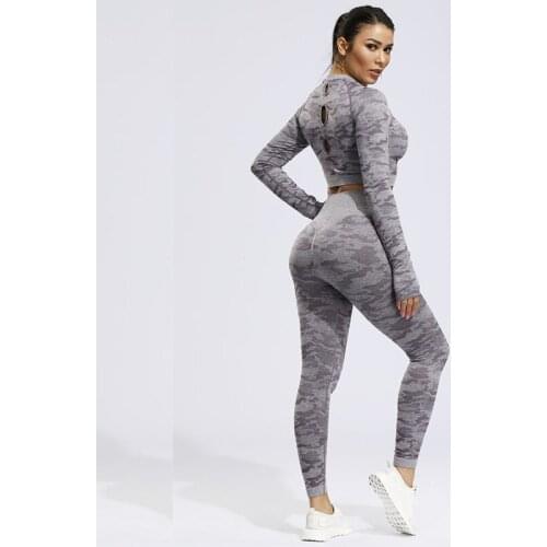 2 Pcs Sports Suits Set Women Yoga Sets Gym Fitness Athletic Pants Camouflage Leggings Sportswear Leggings Seamless Sports Shirts