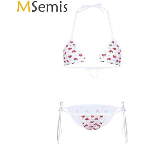 Womens Lingerie Mini Bikini Set Cute Strawberry Design Halter Neck Mini Micro Bikini Bra Top with G-String Briefs Underwear