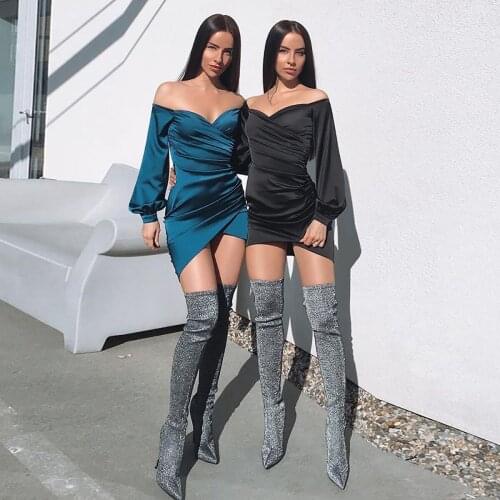 2019 New Pure Color V-neck Long Sleeve Off Shoulder Bodycon Dress Women Backless Sexy High Waist 2 Color Women Dress