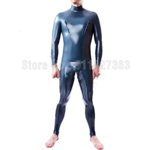 100% Natural Men Latex Catsuit Zip Chest With Codpiece Foot Steps Gummi Catsuit Zipper Till Back Waist Customized