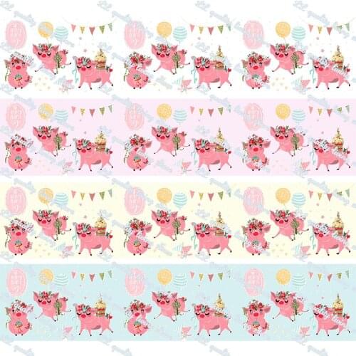16-75MM Cartoon Party Pig Printed Grosgrain Ribbon 50 Yards Tape Clothing Bakery Hairbow Gift Wrapping Accessory Hairbow Head