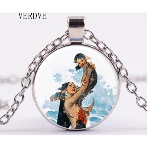 3 color fashion jewelry latest punk mermaid necklace round crystal glass pendant necklace jewelry