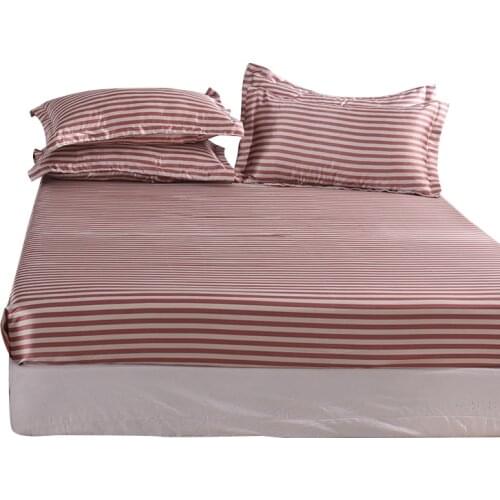 Red Brown Stripes Satin Silk Fitted Sheet Fashion Mattress Protector Cover Ice Silk Bed Sheet Twin Queen Size (no Pillowcase)