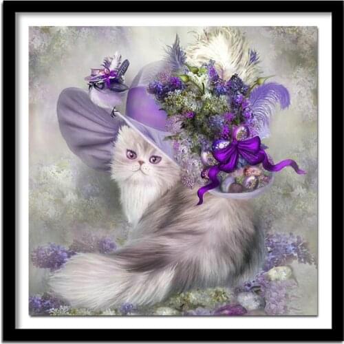 DIY 5D Diamond Embroidery Cross Stitch Animal Purple Cat In Hat Round Full Diamond Picture Pasted Needlework Decor CJ128