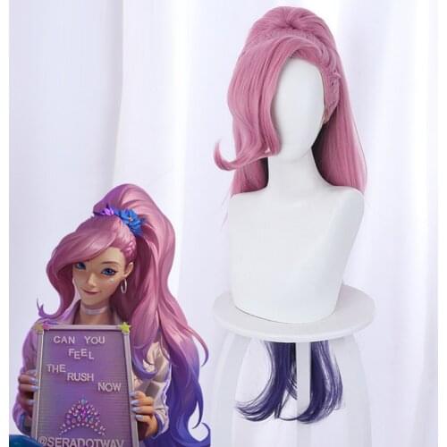 Game LoL KDA Seraphine Cosplay Wig Long Ponytail Pink Mixed Purple Wigs League Of Legends Cosplay Halloween Wig For Women CS423