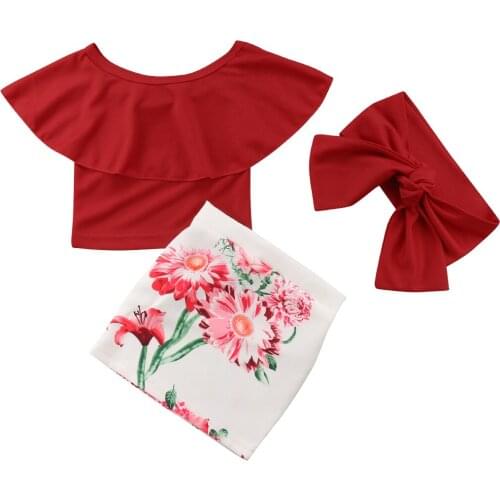 3PCS Newborn Kids Baby Girls Clothes Sets Off Shoulder Tops Floral Skirt Cotton Casual Headbands Outfits Girl Outfits 1-6T