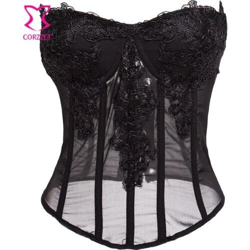 Black Floral Embroidery Applique MeshPush Up Bustier Corset Top Corselet Overbust Corsets Women Body Shaper Sexy Gothic Lingerie