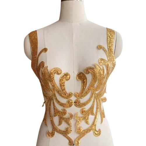 Gold Sequins Embroidery Lace Fabric Applique For clothes Wedding Dress Sew On Dance Performance Costume Accessories Patches