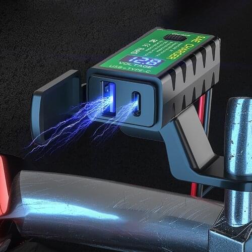 LEEPEE Motorcycle USB Charger for Phone with Voltmeter On/Off Switch 12V SAE to Dual USB Fast Charging Adapter 3.1A/4.8A TYPE-C