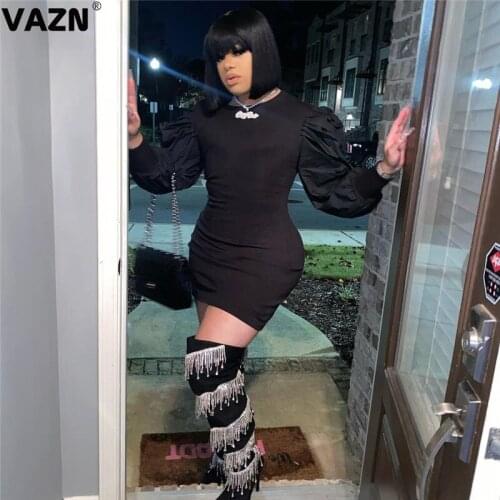 VAZN 2020 Hot Classic Black Simple Elegant Young Sexy Soft Fashion Round Neck Full Sleeve Women High Waist Thin Mini Dress
