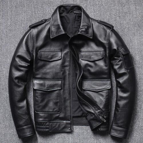 2021 Men Winter Fashion Real Flight Pilot Leather Jacket Male Streetwear Genuine Cow Leather Coat Men Pockets Short Outwear W594