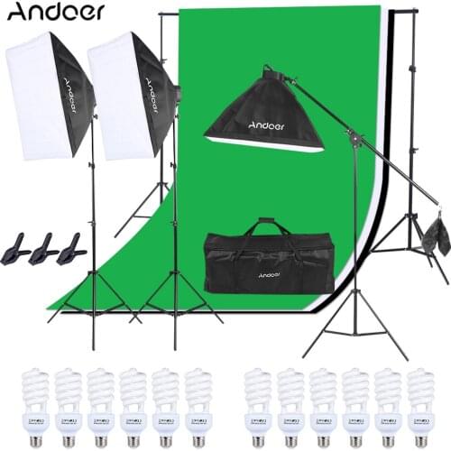 Andoer Photo Studio Lighting Kit Backdrop Stand +Non-woven Backdrop + Cantilever Stick + Light Stand + 4in1 Bulb Socke + Softbox