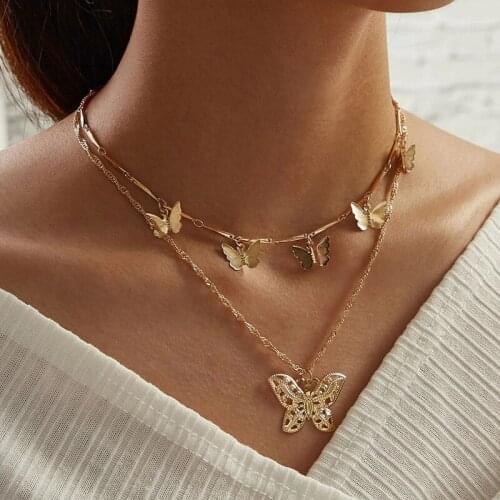 European And American New Hollow Butterfly Pendant Multi-Layer Necklace Creative Retro Alloy Double-Layer Necklace