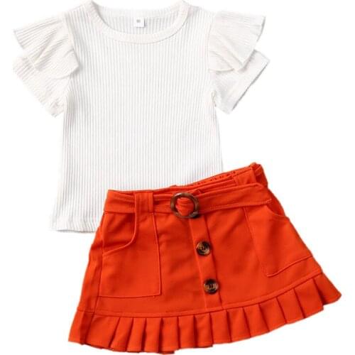 2-6Y Fashion Toddler Baby Girls Clothes Sets Ruffles White Short Sleeve T Shirts Tops+Solid A-Line Skirts