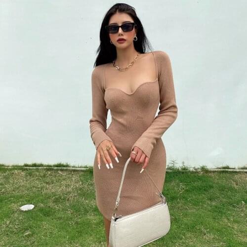 WOMENGAGA Hot Girl Square Neck Knitted Slim Long Sleeve Skinny Hip Sweater Dress Sexy Korean Women Sweet Girl Female US O7Z8