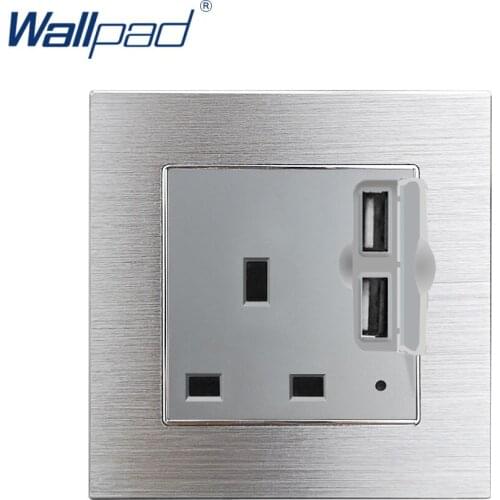 3 Pin 13A Socket With 2 Usb Port In The Wall Wallpad Luxury Grey Aluminum Alloy Panel USB Charger Wall Outlet