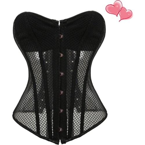 Mesh Cover Bra Black Gothic Sexy Women Hollow Out Corset Hot Lace Up Overbust Lingerie Clubwear Spiral Steel Bone Bustier
