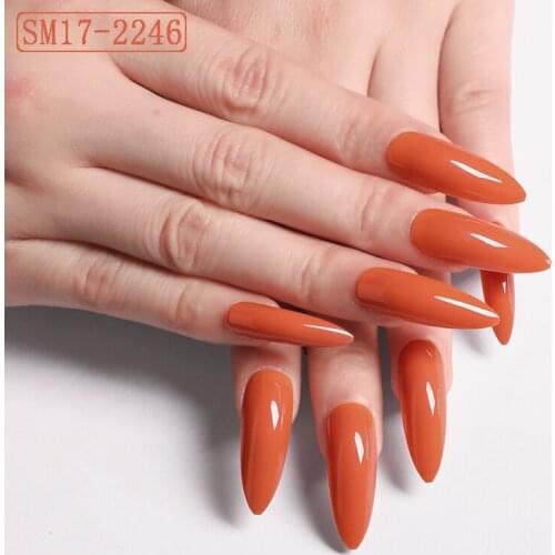 Extra long pointed oval fake nails slim art salon nail crystal diamond nail deep orange