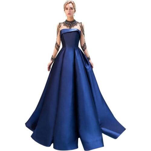 Taffeta O-Neck Full Sleeve Empire Long dress Formal dress women elegant dress party Robe de soiree Vestido de noche 63695