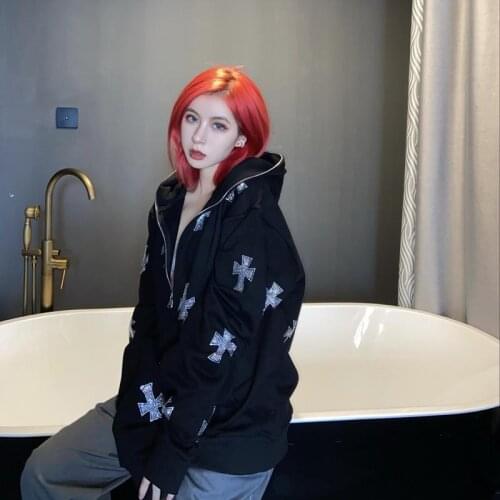 Street hot stamping rhinestone hoodie zipper cardigan high street hotel niche vertical jacket men and women Harajuku sweater