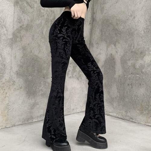 Retro Gothic Print Black Pants Goth Harajuku High Waist Flared Pants Women High Street Punk High Waist Women Trousers Velvet