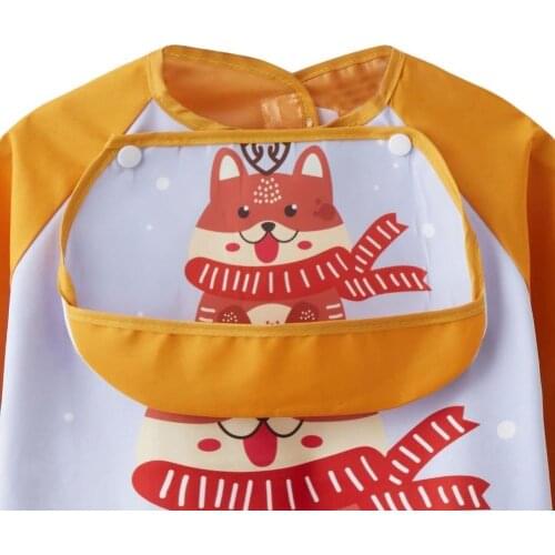 Cartoon Waterproof Long Sleeve Lion Puppy Pattern Baby Feeding Bib Drawing Apron