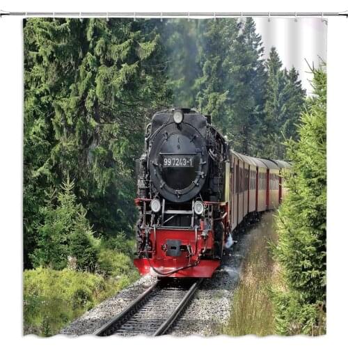 Retro Train Shower Curtains Railway in The Woods Green Tree Scenery Steam Train Pattern Bathroom Decor Fabric Hanging Curtain