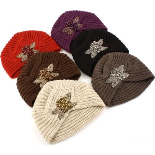 Womens Knitted Beanie Headband Crochet Headwrap Metal Jewel Winter Warm knit Turban