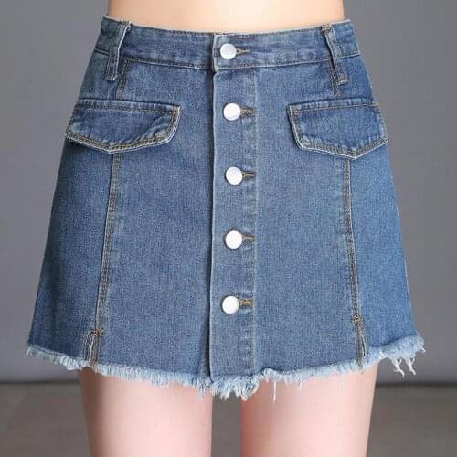 Summer Casual Woman Ripped Tassel Button Fly Mini Blue Denim Shorts Skirts , Korean Style Female Women Distressed Jeans Shorts