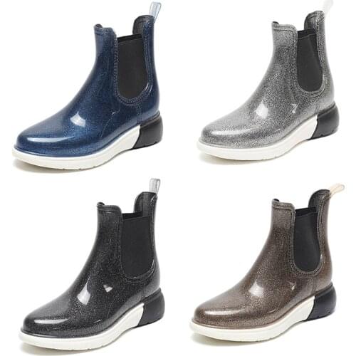 Comemore Womens Ankle Rain Boots Waterproof Chelsea Boots Ladies Fashion Coloured Rubber Shoes Bling Shiny Water Shoes Casual