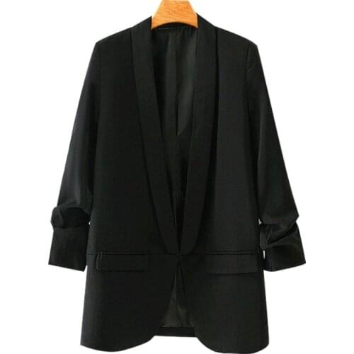 2021 New Women Fashion Office Wear Basic Black Blazer Coat Vintage Pleated Sleeve Pockets Female Outerwear Chic Tops