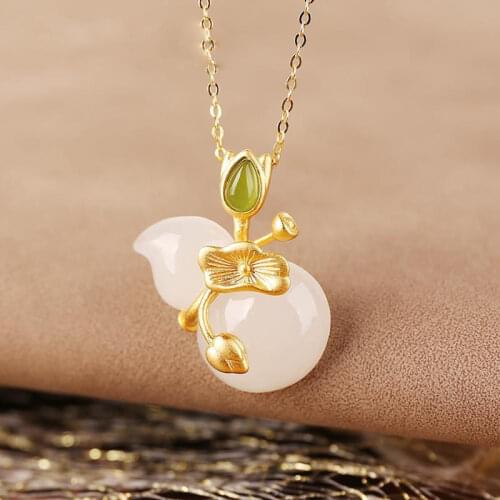 Natural White Jade Hetian Jade Womens Ancient Gold Inlaid Jue Suet Jasper Lotus Leaf Gourd Jade Pendant Jade Pendant Hanging Or