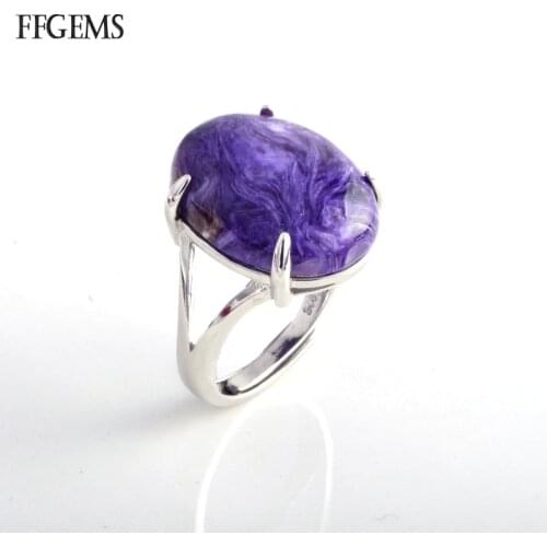 Elegant Big Stone Natural Charoite Real 925 Silver Ring Gemstone Fine Jewelry Women Engagement Wedding Gift