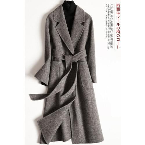 Winter Women Woolen Coats Long Elegant Turn Down Collar Wool Coat With Belt Open Stitch Design Female Overcoat Casaco Feminino