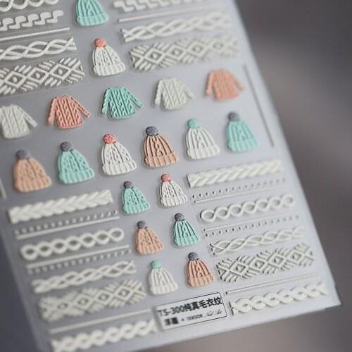 1sheet 3D Acrylic Engraved Nail Sticker Sweater Wool Cute White Snowflake Butterfly Wing Colorful Relief Nail Water Slide Decal