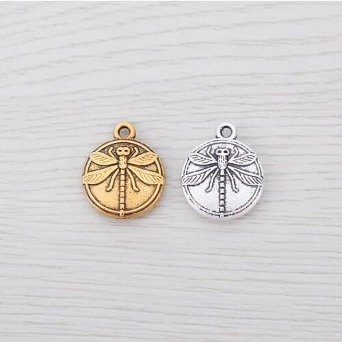 15 x Antique Gold Round Dragonfly Charms Double Sided Pendants For Fashion Jewelry Necklace Earring Making 15mm