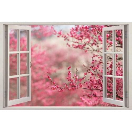 3D Hot Pink Plum Blossom Window Frame Window Mural Vinyl Bedroom Vinyl Wallpaper Wall Decals Stickers Christmas Wall Sticker