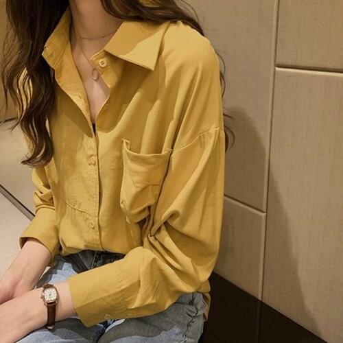Spring Shirt Clothes Plus Size Loose Long Sleeve Womens Blouse Pure Color with Pocket Turn Down Collar Girl Bottoming Top H9134