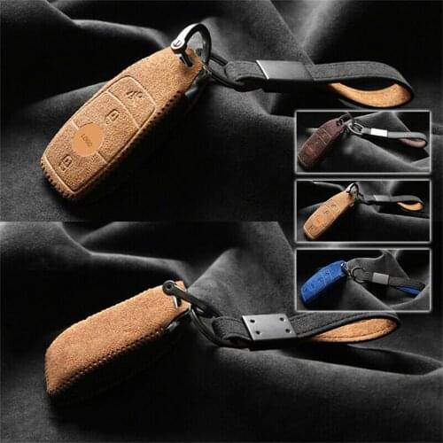 Real Alcantara Suede Leather Remote Start Car Key Case Cover Protector Holder Shell For Mercedes Benz S E Class W213 GLC AMG