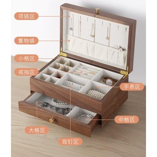 Wooden Jewelry Box Drawer-Style Solid Wood Stud Earrings Necklace Ornament Storage Box Double-Layer Large Capacity