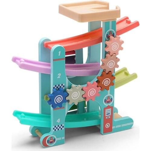Wooden Train 4-Layer Race Track & 3 Mini Inertia Race Car Sliding Toy Vehical &Train Baby Toddler Motor for Baby Car