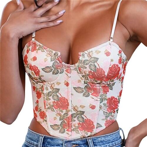 Womens Sexy Bustier Tops Spaghetti Strap Floral Print Slim Fitted Crop Cami Tops Summer Sleeveless Tanks Vest Tops Corset 2021