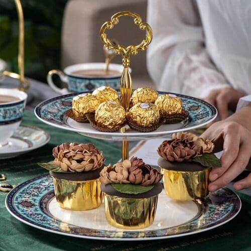 Baroque Vintage Design Double Fruit Plates Bone China Sanck Rack Porcelain Cake Stand Wedding Decoration Birthday Gift