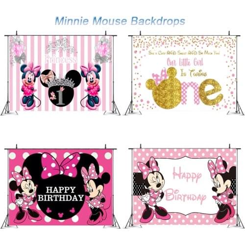 Baby Girls Birthday Backdrops For Photography Minnie Mouse Party Decorations Pink Background Vinyl Cloth Studio Photo Backdrops