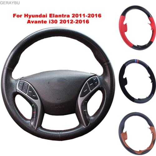 GERAYBU Custom DIY Black Leather Hand-sewn Car Steering Wheel Cover For Hyundai Elantra 3 2011-2016 Sport Avante i30 (Tourer)