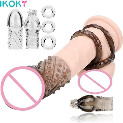 IKOKY 5pcs/set Penis Extender Cock Rings Enlargement Sex Toys For Men Crystal Glans Sleeve Male Penis Rings Ejaculation Delay