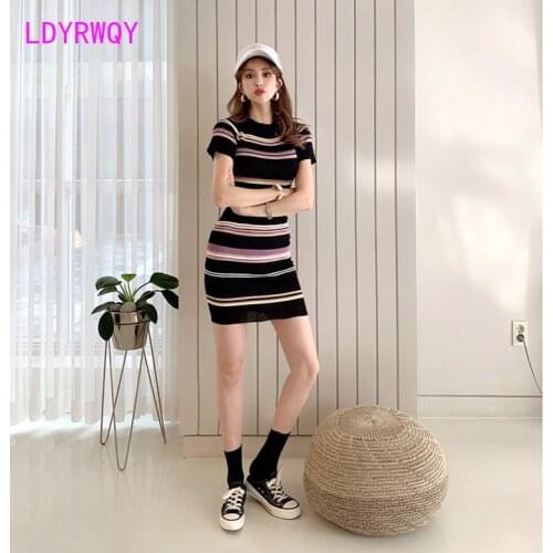 Summer Korean version fashion round neck short sleeve stripe buttocks bottom slim knit dress