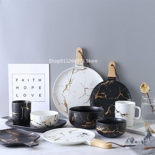 Best combination of gold marble enamel tableware breakfast party dishes noodle cup coffee bowl decorative cup